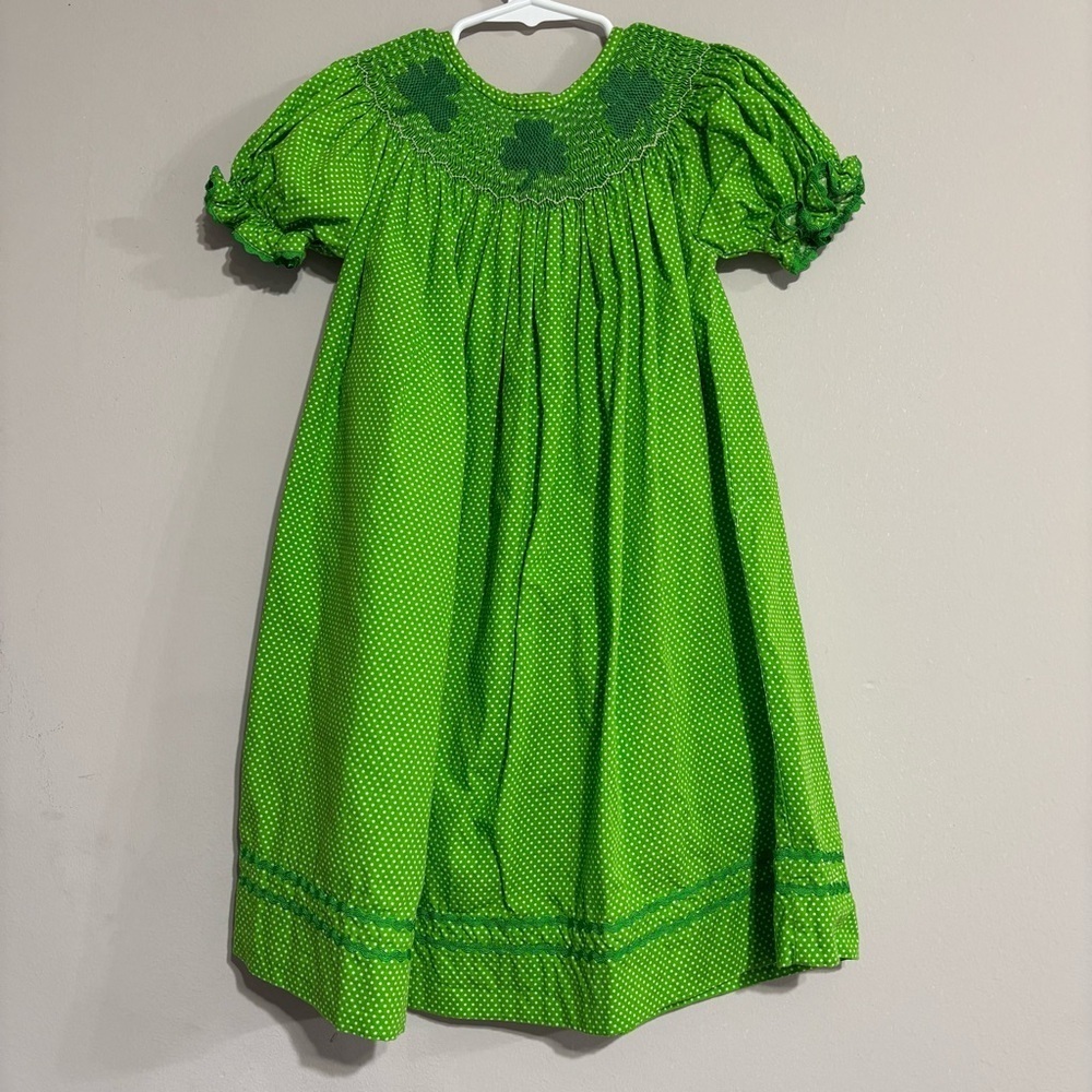 Addie Renee Smocked A Lot Dress 4T Green Shamrock St Patricks Day Polka Dot
